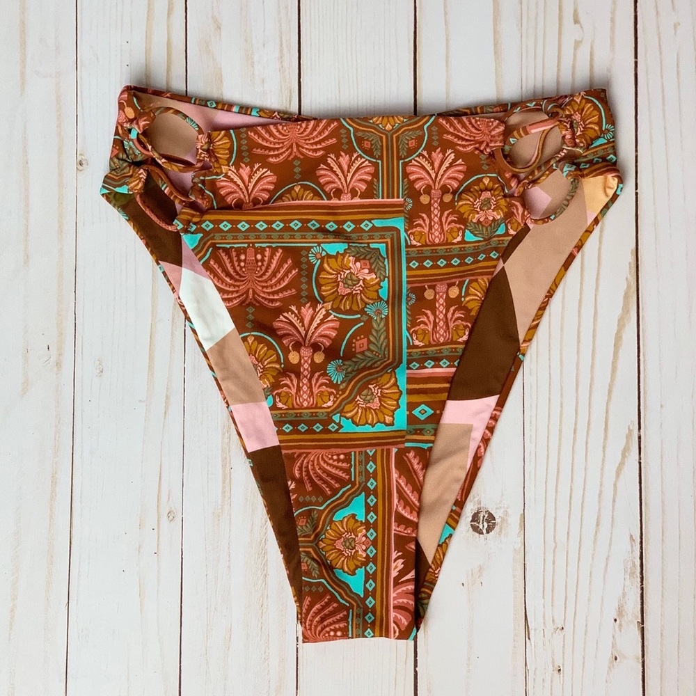 Maaji Garden Engraving Brown Tropical Side Cutout Bikini Bottoms Sz S